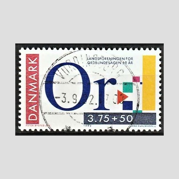 FRIMRKER DANMARK | 1992 - AFA 1025 - Ord-blindesagen 50 r - 3,75 Kr. + 50 re flerfarvet - Pragt Stemplet Vordingborg