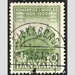 FRIM�RKER DANMARK | 1953-56 - AFA 351 - Det Danske Kongerige 1000 �r - 10 �re gr�n - Pragt Stemplet Silkeborg
