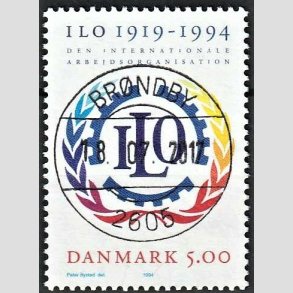 FRIM�RKER DANMARK | 1994 - AFA 1075 - ILO 75 �r - 5,00 Kr. flerfarvet - Pragt Stemplet