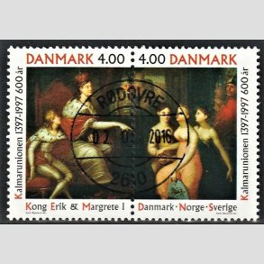 FRIM�RKER DANMARK | 1997 - AFA 1150-51 - Kalmarunionen 600 �r. - 4,00 Kr. flerfarvet parstykke - Pragt Stemplet R�dovre