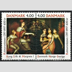 FRIM�RKER DANMARK | 1997 - AFA 1150-51 - Kalmarunionen 600 �r. - 4,00 Kr. flerfarvet parstykke - Pragt Stemplet R�dovre