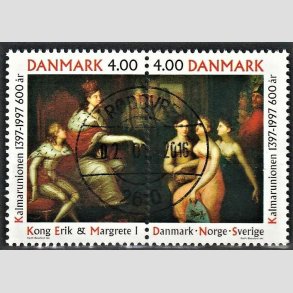 FRIM�RKER DANMARK | 1997 - AFA 1150-51 - Kalmarunionen 600 �r. - 4,00 Kr. flerfarvet parstykke - Pragt Stemplet R�dovre