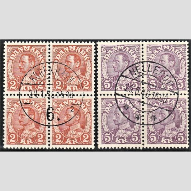 FRIMRKER DANMARK | 1934 - AFA 212+213 - Chr. X stlstik - 2 kr. + 5 kr. i 4-blokke - Pragt Stemplet
