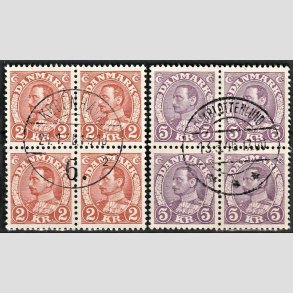 FRIMRKER DANMARK | 1934 - AFA 212+213 - Chr. X stlstik - 2 kr. + 5 kr. i 4-blokke - Pragt Stemplet