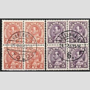 FRIMRKER DANMARK | 1934 - AFA 212+213 - Chr. X stlstik - 2 kr. + 5 kr. i 4-blokke - Pragt Stemplet