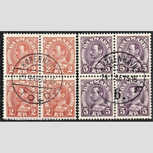 FRIMRKER DANMARK | 1934 - AFA 212+213 - Chr. X stlstik - 2 kr. + 5 kr. i 4-blokke - Pragt Stemplet