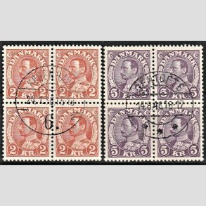 FRIMRKER DANMARK | 1934 - AFA 212+213 - Chr. X stlstik - 2 kr. + 5 kr. i 4-blokke - Pragt Stemplet