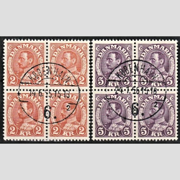 FRIMRKER DANMARK | 1934 - AFA 212+213 - Chr. X stlstik - 2 kr. + 5 kr. i 4-blokke - Pragt Stemplet