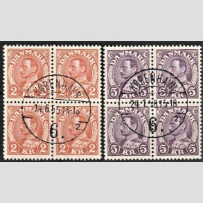 FRIMRKER DANMARK | 1934 - AFA 212+213 - Chr. X stlstik - 2 kr. + 5 kr. i 4-blokke - Pragt Stemplet
