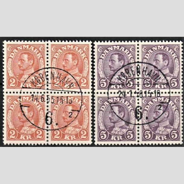 FRIMRKER DANMARK | 1934 - AFA 212+213 - Chr. X stlstik - 2 kr. + 5 kr. i 4-blokke - Pragt Stemplet