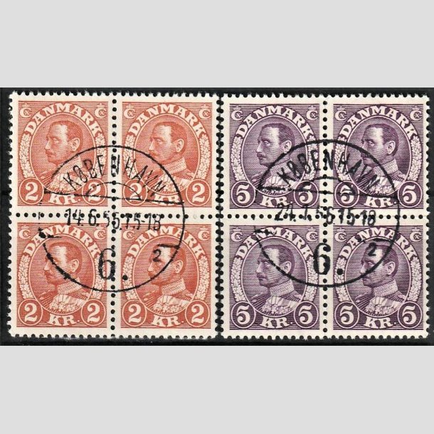 FRIMRKER DANMARK | 1934 - AFA 212+213 - Chr. X stlstik - 2 kr. + 5 kr. i 4-blokke - Pragt Stemplet