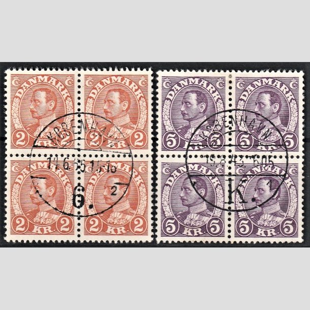 FRIMRKER DANMARK | 1934 - AFA 212+213 - Chr. X stlstik - 2 kr. + 5 kr. i 4-blokke - Pragt Stemplet