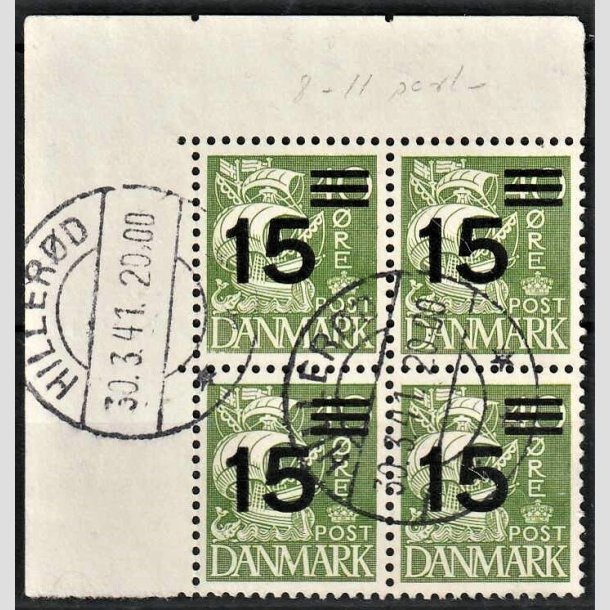 FRIMRKER DANMARK | 1940 - AFA 263 - 15/40 res Provisorier grn Type I i 4-blok - Stemplet