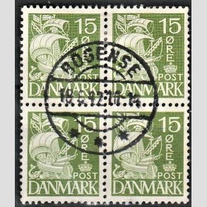 FRIMRKER DANMARK | 1940 - AFA 257a - Karavel 15 re grn Type IIA i 4-blok - Lux Stemplet Bogense