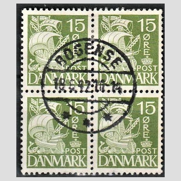 FRIMRKER DANMARK | 1940 - AFA 257a - Karavel 15 re grn Type IIA i 4-blok - Lux Stemplet Bogense