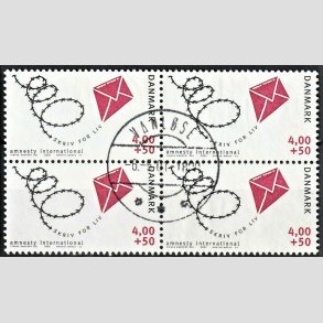 FRIMRKER DANMARK | 2001 - AFA 1275 - Amnesty International - 4,00 Kr. + 50 re bl/rd i 4-blok - Pragt Stemplet Vanlse