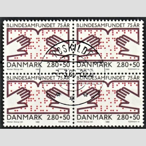 FRIMRKER DANMARK | 1986 - AFA 853 - Dansk Blindesamfund 75 r. - 2,80 Kr. + 50 re flerfarvet i 4-blok - Pragt Stemplet Roskilde