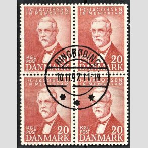 FRIMRKER DANMARK | 1947 - AFA 305 - I. C. Jacobsen - 20 re brunrd i 4-blok - Pragt Stemplet Ringkbing