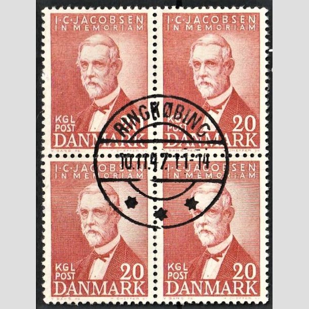 FRIMRKER DANMARK | 1947 - AFA 305 - I. C. Jacobsen - 20 re brunrd i 4-blok - Pragt Stemplet Ringkbing
