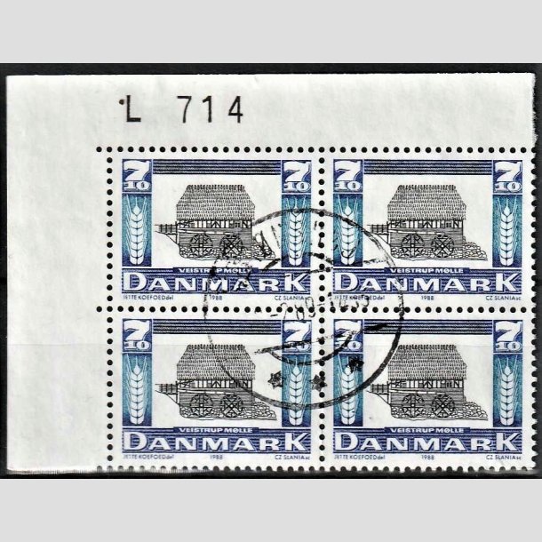 FRIMRKER DANMARK | 1988 - AFA 920 - Gamle mller - 7,10 Kr. mrkbl/bl/sort i 4-blok med marginal - Pnt Stemplet