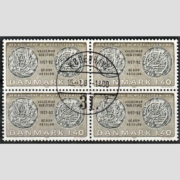 FRIMRKER DANMARK | 1980 - AFA 709 - Gamle danske mnter - 1,40 Kr. olivengrn/sortgrn i 4-blok - Pragt Stemplet 