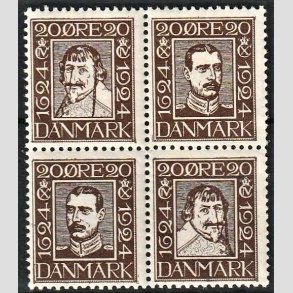 FRIMRKER DANMARK | 1924 - AFA 140-43 - Postjubilum 20 re brun i 4-blok - Postfrisk