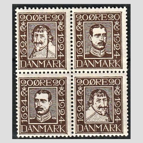 FRIMRKER DANMARK | 1924 - AFA 140-43 - Postjubilum 20 re brun i 4-blok - Postfrisk