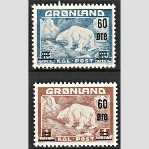 FRIMRKER GRNLAND | 1956 - AFA 37,38 - Provisorier - 60/40 re + 60 re/1 kr. - Postfrisk