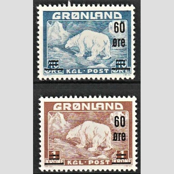 FRIMRKER GRNLAND | 1956 - AFA 37,38 - Provisorier - 60/40 re + 60 re/1 kr. - Postfrisk