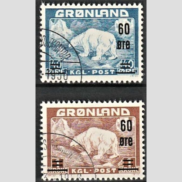 FRIMRKER GRNLAND | 1956 - AFA 37,38 - Provisorier - 60/40 re + 60 re/1 kr. - Pnt Stemplet
