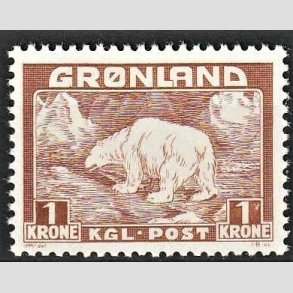 FRIMRKER GRNLAND | 1938 - AFA 7 - Isbjrn - 1 kr. gulbrun - Postfrisk