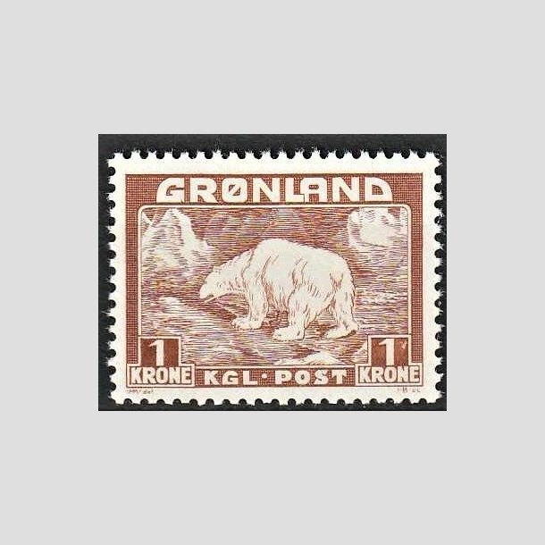 FRIMRKER GRNLAND | 1938 - AFA 7 - Isbjrn - 1 kr. gulbrun - Postfrisk