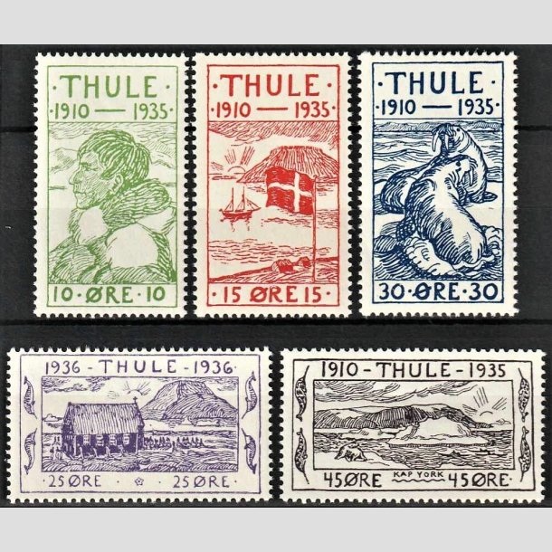 FRIMRKER GRNLAND | 1935-36 - AFA 1-5 - Thule - 10 - 45 re i komplet st - Postfrisk