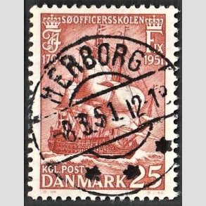 FRIM�RKER DANMARK | 1951 - AFA 328 - S�officerskolen 250 �r - 25 �re brunr�d - Pragt Stemplet Herborg