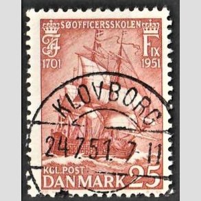 FRIM�RKER DANMARK | 1951 - AFA 328 - S�officerskolen 250 �r - 25 �re brunr�d - Pragt Stemplet Klovborg