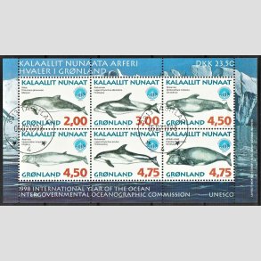 FRIM�RKER GR�NLAND | 1998 - AFA 325 - Gr�nlandske hvaler - Miniark 23,50 kr. flerfarvet - P�nt Stemplet