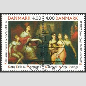 FRIM�RKER DANMARK | 1997 - AFA 1150-51 - Kalmarunionen 600 �r. - 4,00 Kr. flerfarvet parstykke - Pragt Stemplet Gren�
