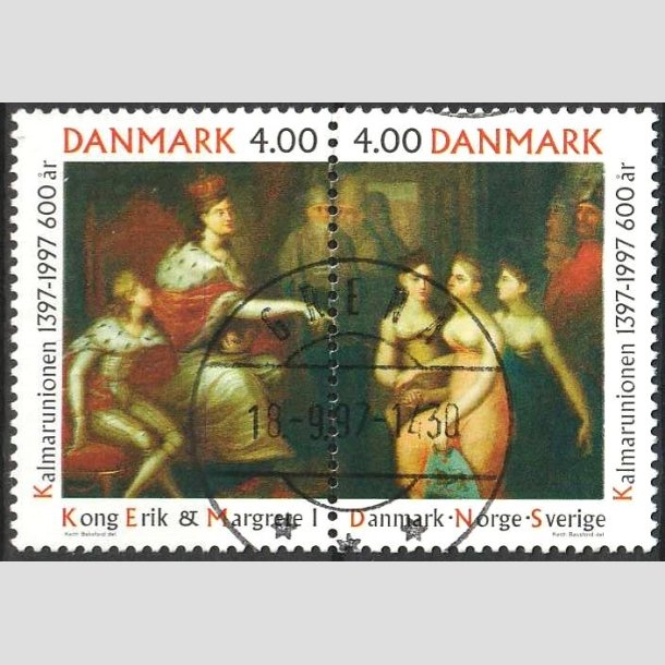 FRIMRKER DANMARK | 1997 - AFA 1150-51 - Kalmarunionen 600 r. - 4,00 Kr. flerfarvet parstykke - Pragt Stemplet Gren