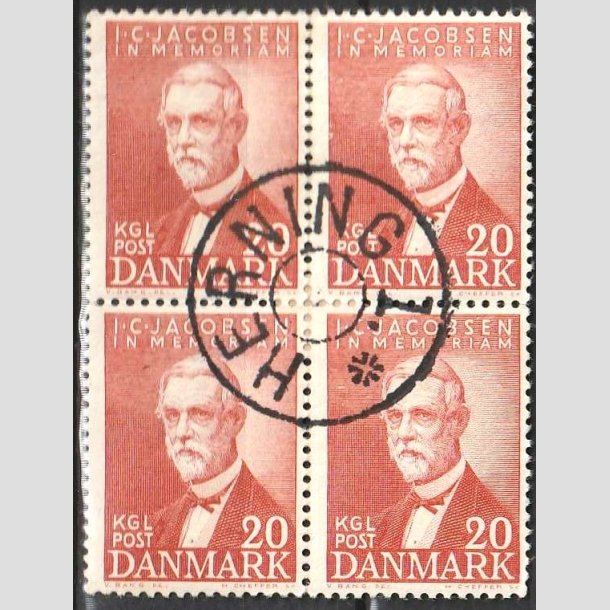 FRIMRKER DANMARK | 1947 - AFA 305 - I. C. Jacobsen - 20 re brunrd i 4-blok - Pragt Stemplet Herning