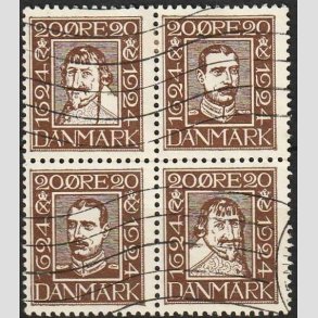 FRIMRKER DANMARK | 1924 - AFA 140-143 - Postjubilum 20 re brun i 4-blok - Stemplet