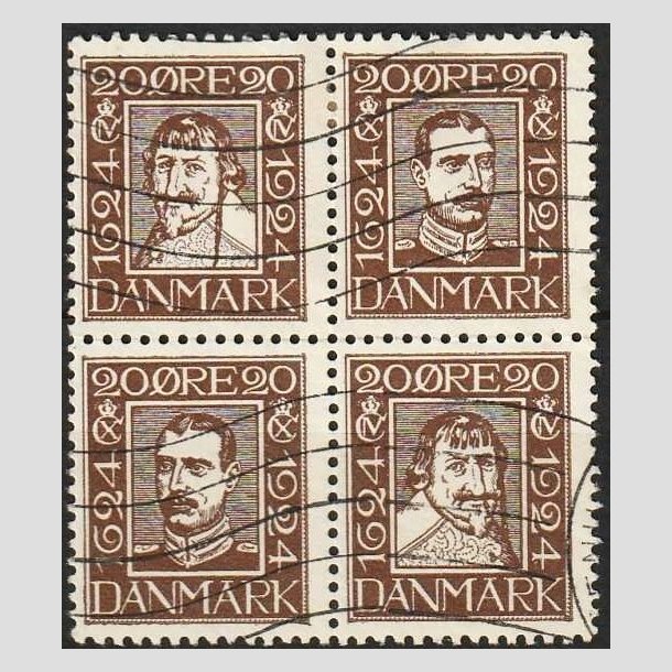 FRIMRKER DANMARK | 1924 - AFA 140-143 - Postjubilum 20 re brun i 4-blok - Stemplet