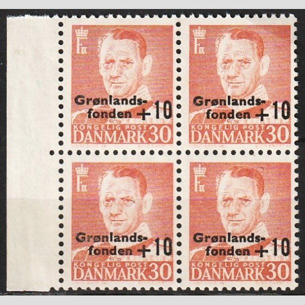 FRIMRKER DANMARK | 1958 - AFA 373+373x - Grnlandsfonden - +10/30 re rd i 4-blok med VARIANT i N - Postfrisk