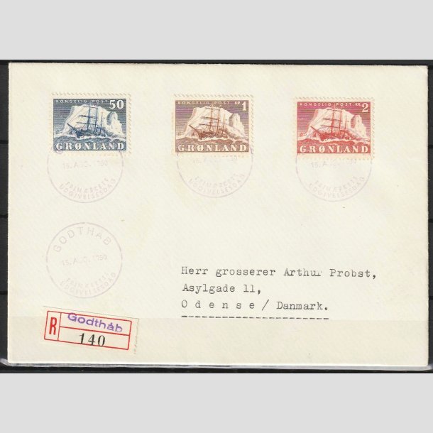 FRIMRKER GRNLAND | 1950 - AFA 33,34,35 - Gustav Holm mv. - 50 re - 2 kr. p FDC - Stemplet 15 august 1950