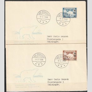 FRIMRKER GRNLAND | 1956 - AFA 37,38 - Provisorier - 60/40 re + 60 re/1 kr. st p uofficielle FDC - Stemplet