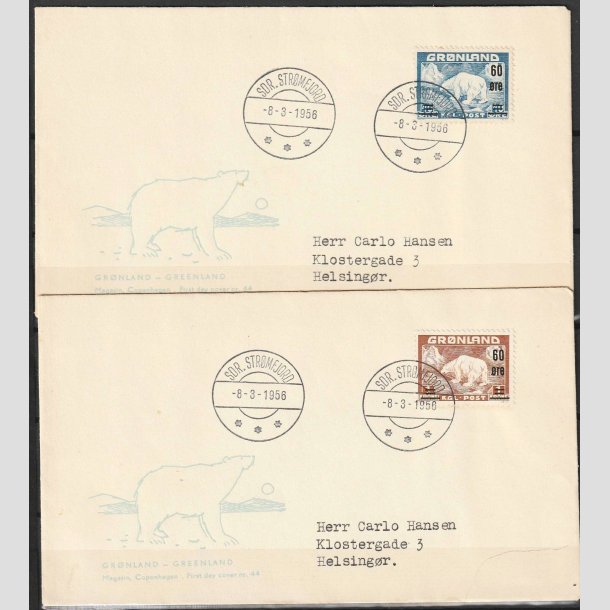 FRIMRKER GRNLAND | 1956 - AFA 37,38 - Provisorier - 60/40 re + 60 re/1 kr. st p uofficielle FDC - Stemplet