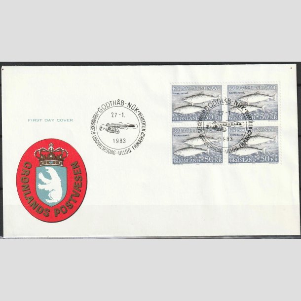 FRIMRKER GRNLAND | 1983 - AFA 140 - Skllaks - 50 kr. flerfarvet i 4-blok p FDC - Stemplet