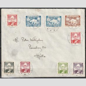 FRIMRKER GRNLAND | 1938 - AFA 1-7+26-27 - Christian X + Isbjrn - Komplet st p brev - Stemplet d. 8-7-1948