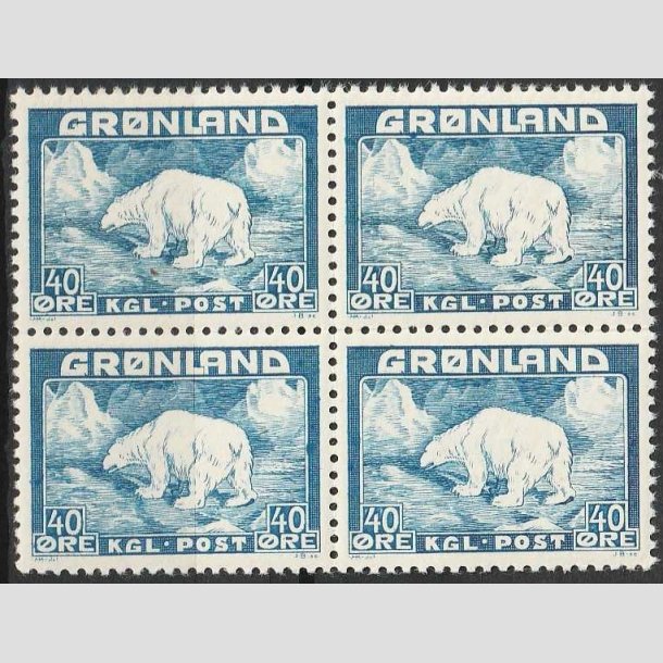 FRIMRKER GRNLAND | 1946 - AFA 27 - Isbjrn - 40 re bl i 4-blok - Postfrisk