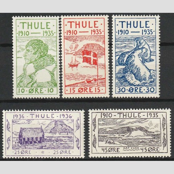 FRIMRKER GRNLAND | 1935-36 - AFA 1-5 - Thule - 10 - 45 re i komplet st - Postfrisk