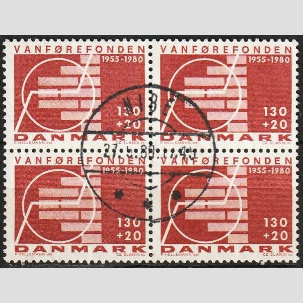 FRIMRKER DANMARK | 1980 - AFA 694 - Vanfrefonden 25 r. - 1,30 Kr. + 20 re brunrd i 4-blok - Lux Stemplet Nibe